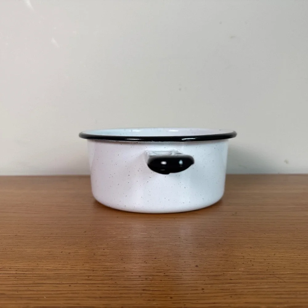 Vintage White Speckled Enamelware Saucepan Black Trim Graniteware Pot
